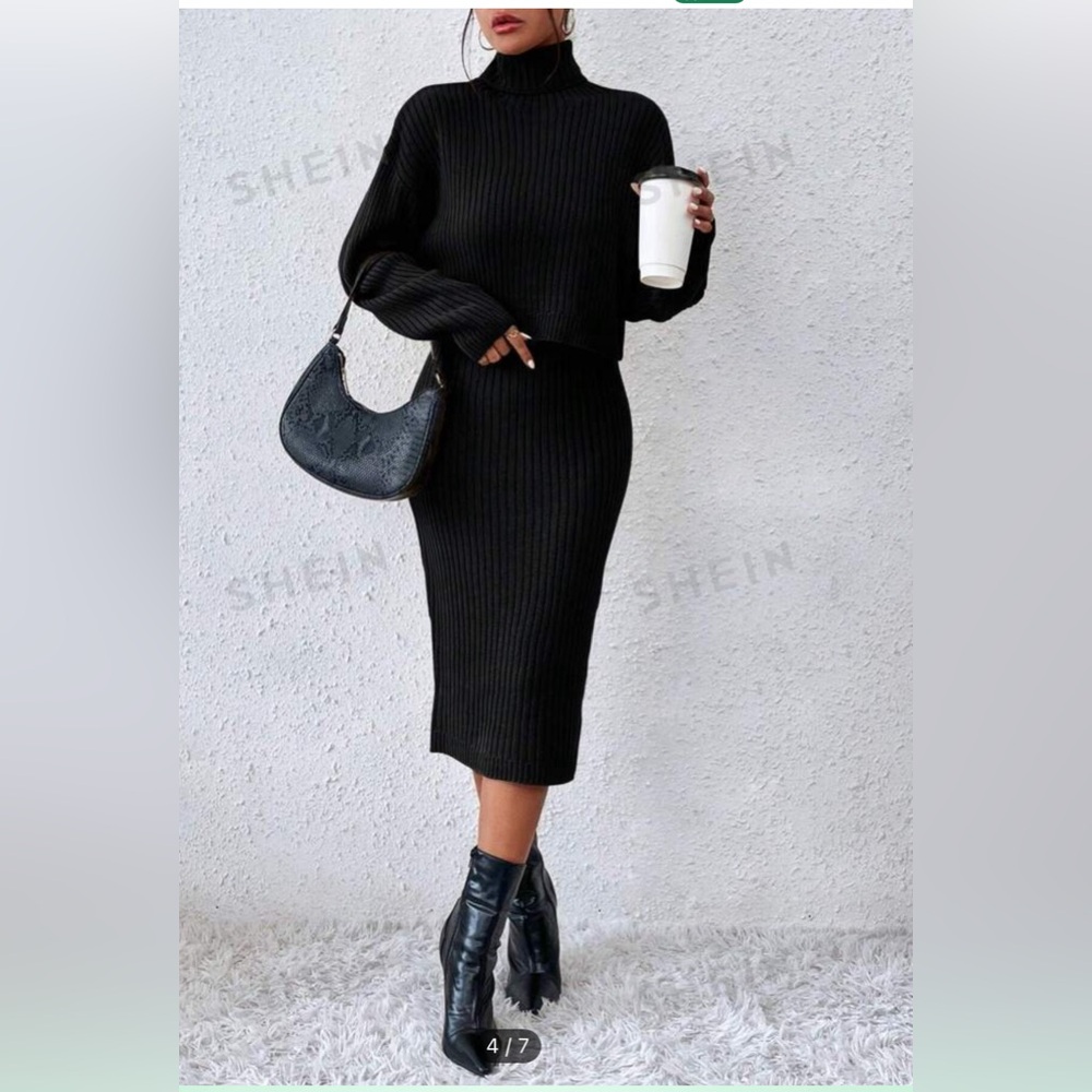 Turtleneck sweater and knit skirt